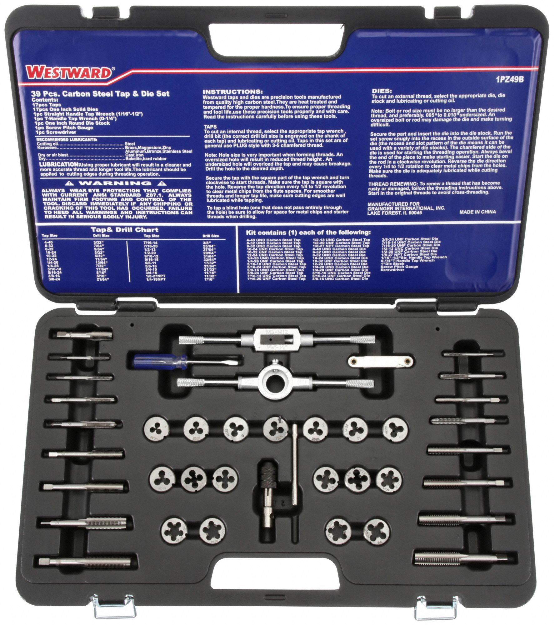 TAP & DIE SET, 39 PIECES, #4-40 MIN. TAP THREAD, ½