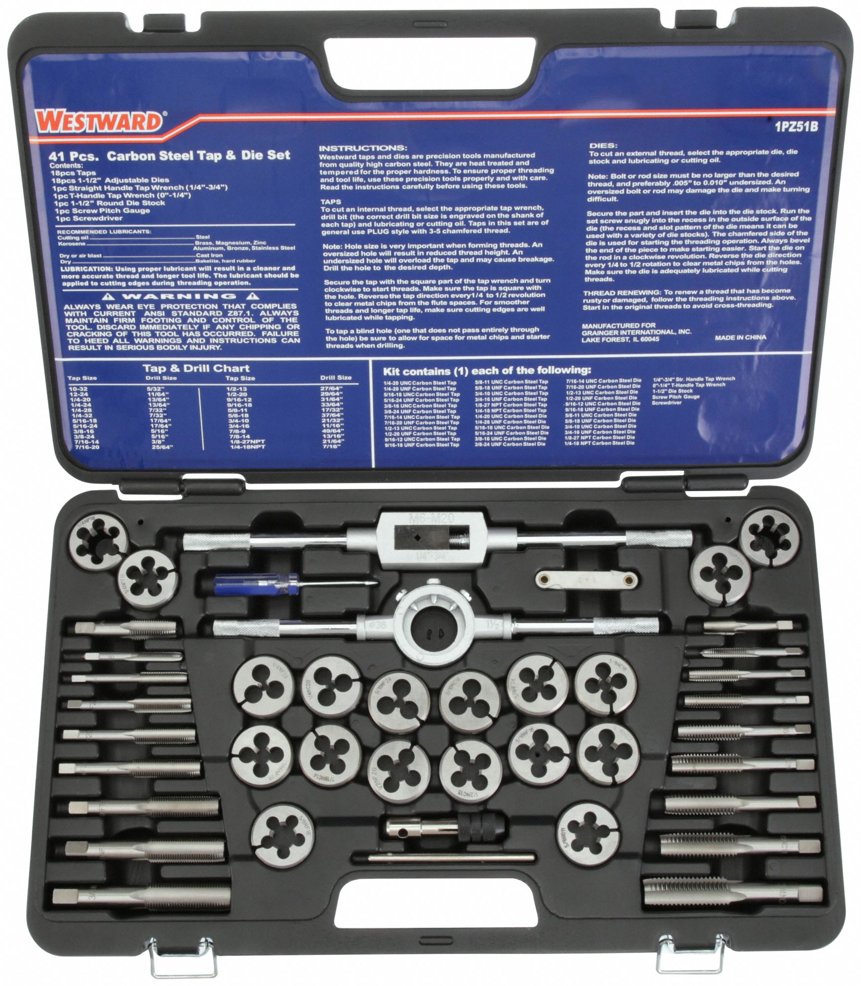 TAP & DIE SET, 41 PIECES, ¼"-20 MIN. TAP THREAD, ¾"-16 MAX TAP THREAD