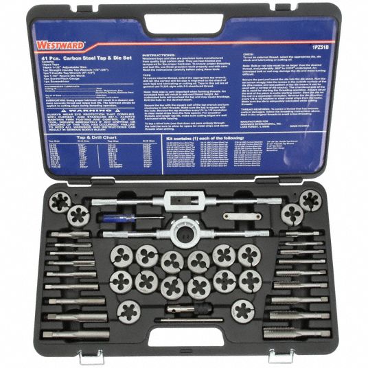 WESTWARD Tap and Die Set: 41 Pieces, 1/4