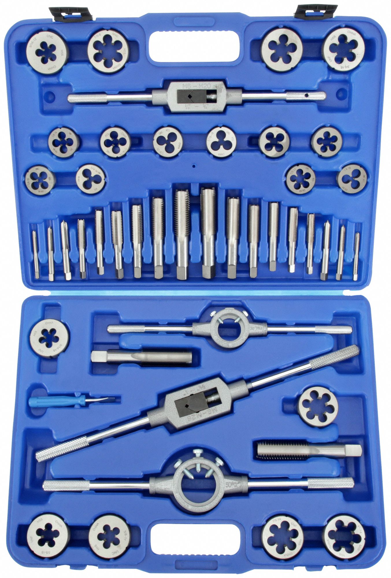 TAP & DIE SET, 45 PIECES, ¼"-20 MIN. TAP THREAD, 1"-14 MAX TAP THREAD, HSS