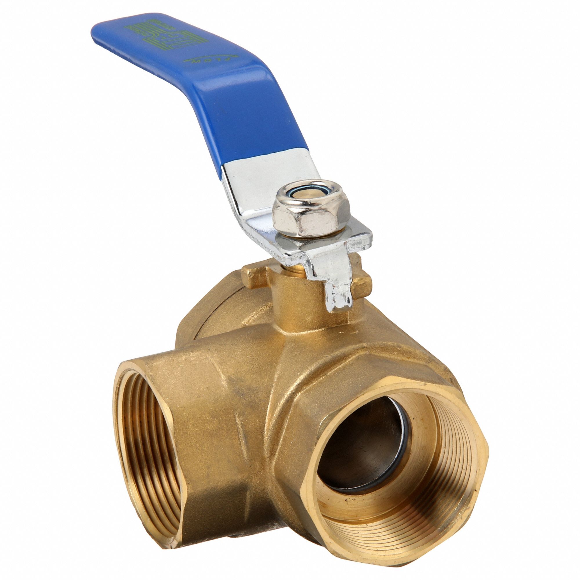 Manual Three-Way Ball Valve: 1 1/2 in, Brass, L Flow, FNPT x FNPT x FNPT, Two-Piece