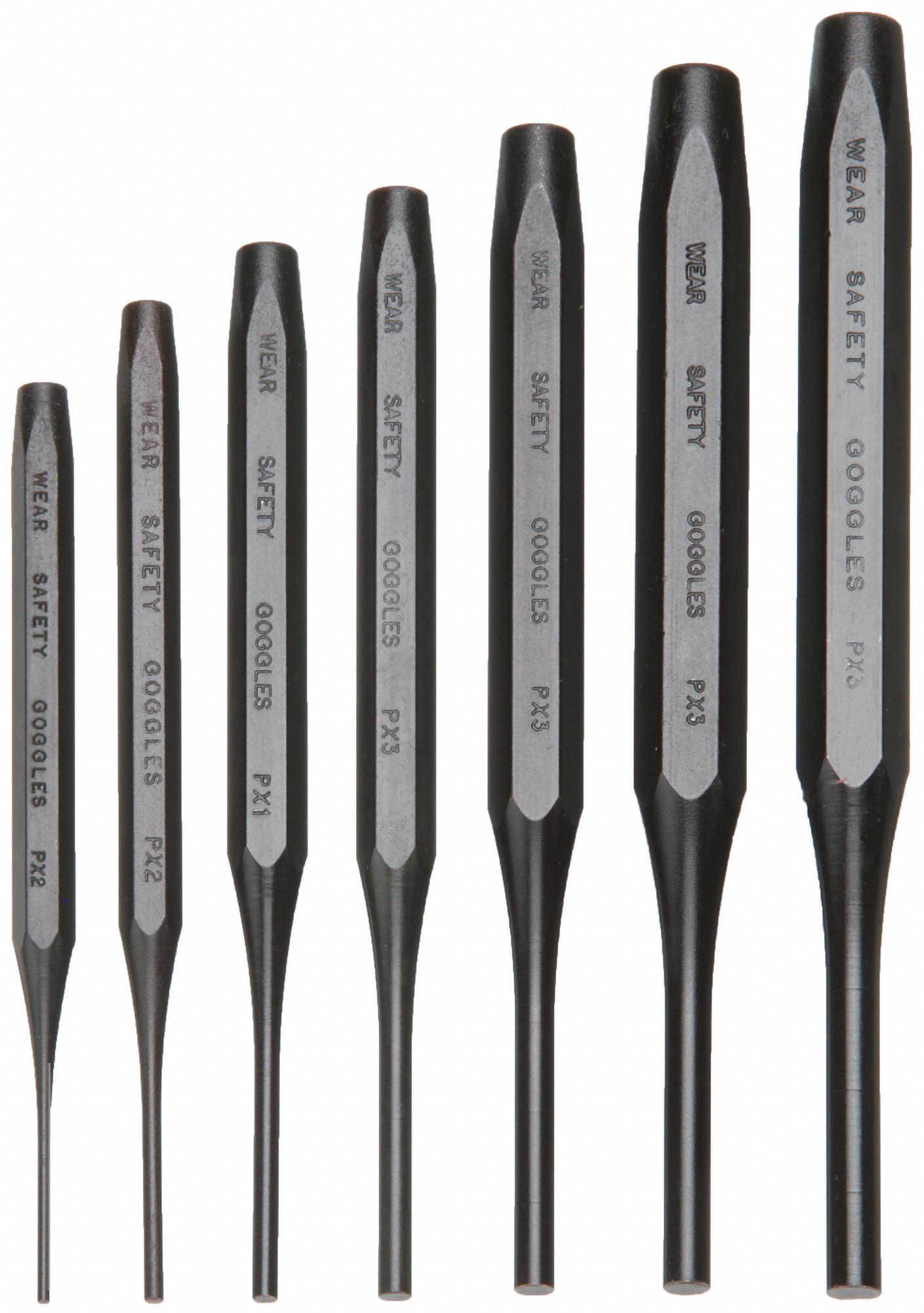 DRIVE PIN PUNCH SET, 1/16 IN/3/32 IN/⅛ IN/5/32 IN/3/16 IN/7/32 IN/¼ IN TIP DIA, 7 PIECES, STEEL