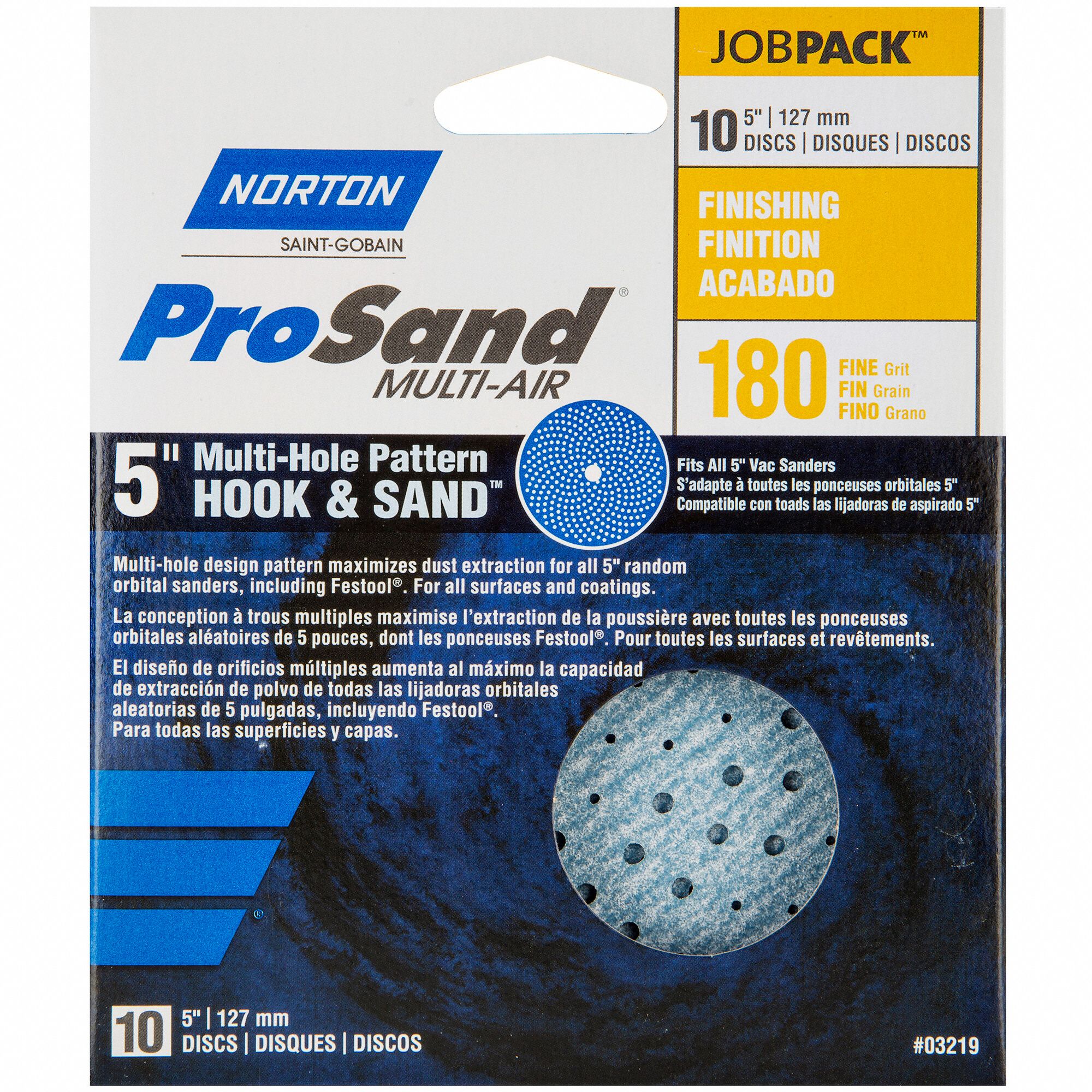 NORTON HookandLoop Sanding Disc, Coated, 5 Hole, 5 in Disc Diameter, 180 Abrasive Grit, PK 10