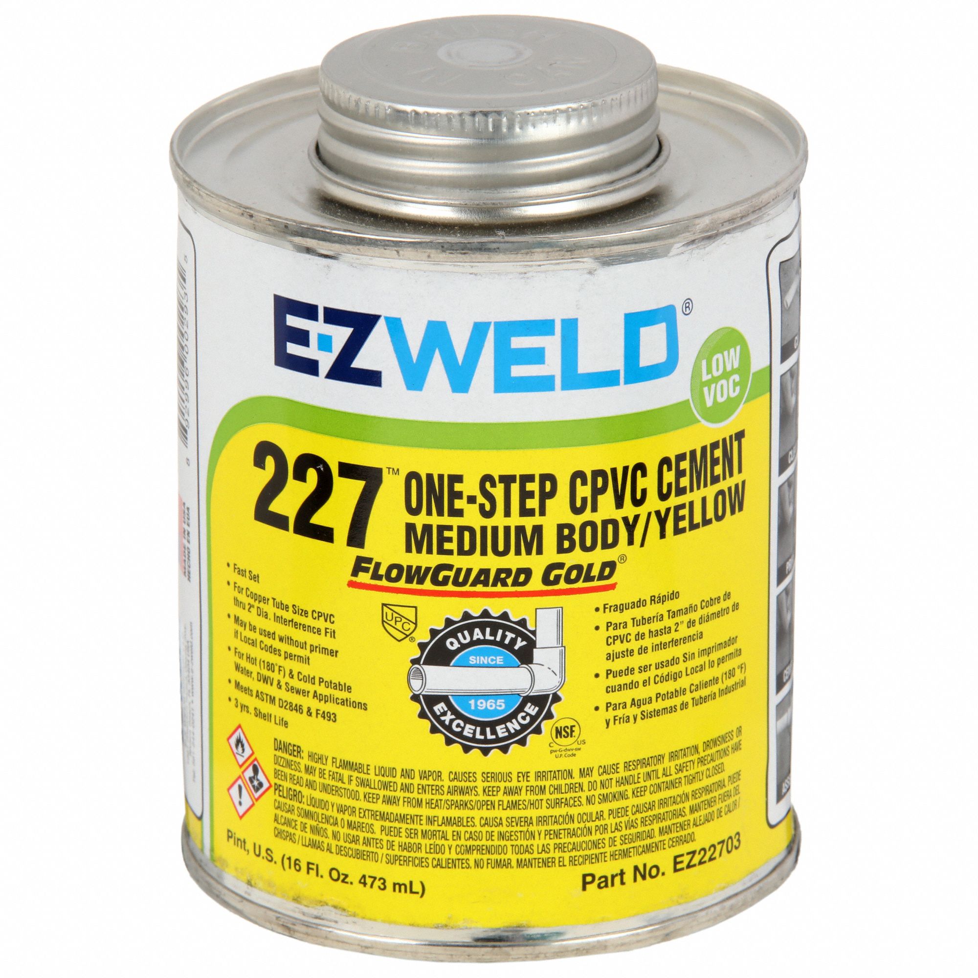 Pipe Cement: 227 CPVC Cement, 16 fl oz, Brush-Top Can, Yellow