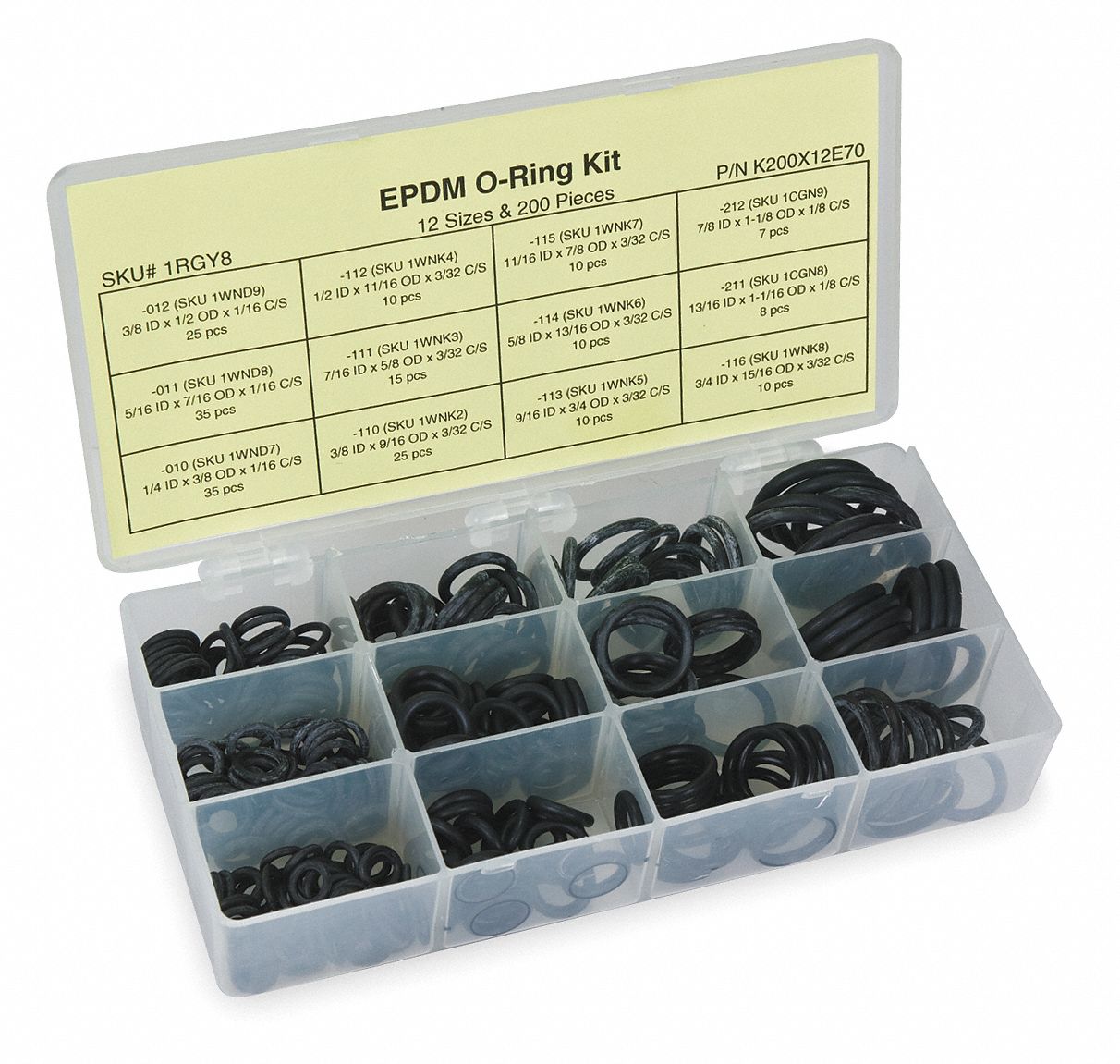 1RGY8 - O Ring Assortment EPDM 200 Pcs 12 Sizes