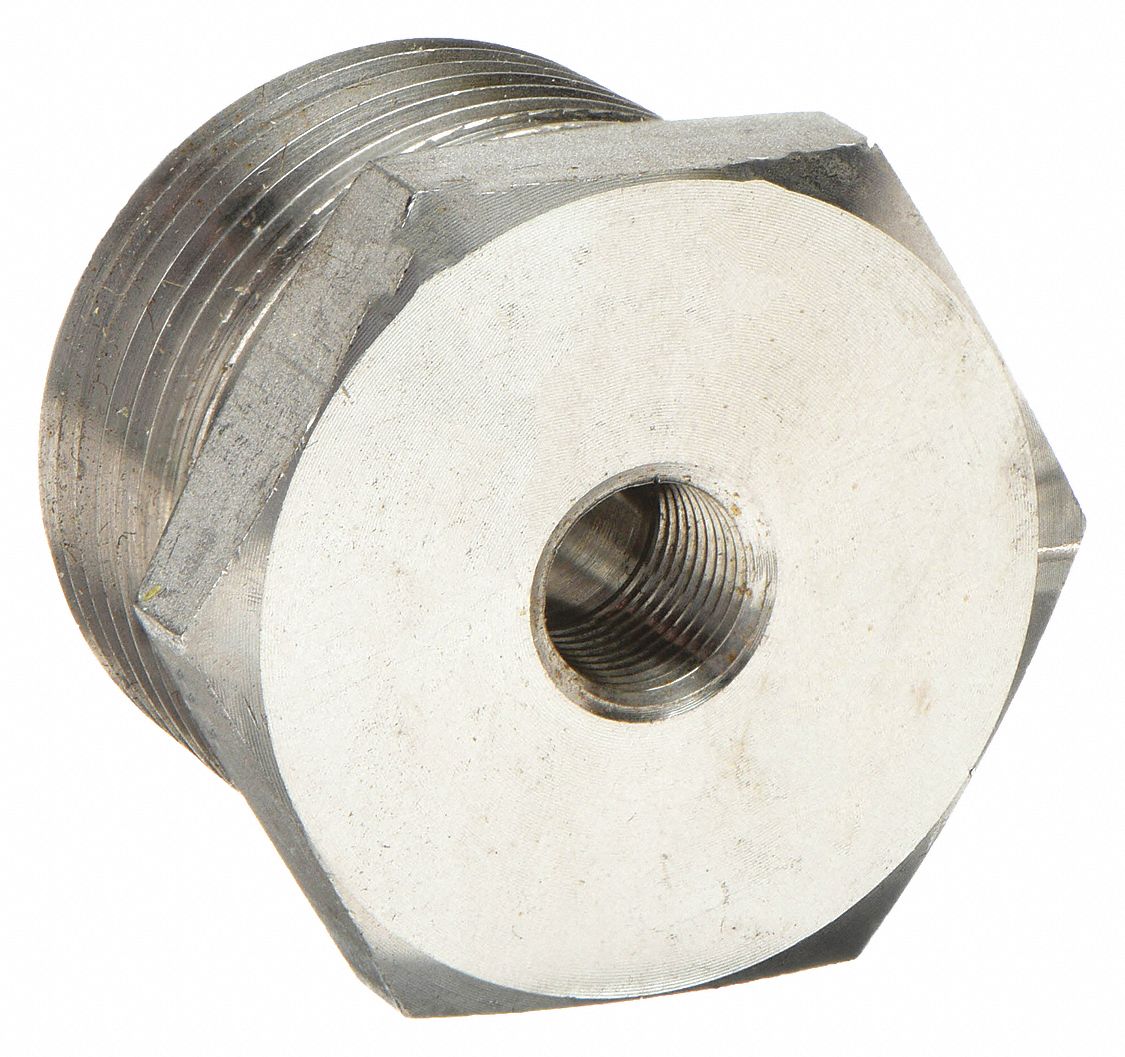 HEX REDUCING BUSHING: 304 STAINLESS STEEL, ½ IN X ⅛ IN FITTING, MALE NPT X FEMALE NPT