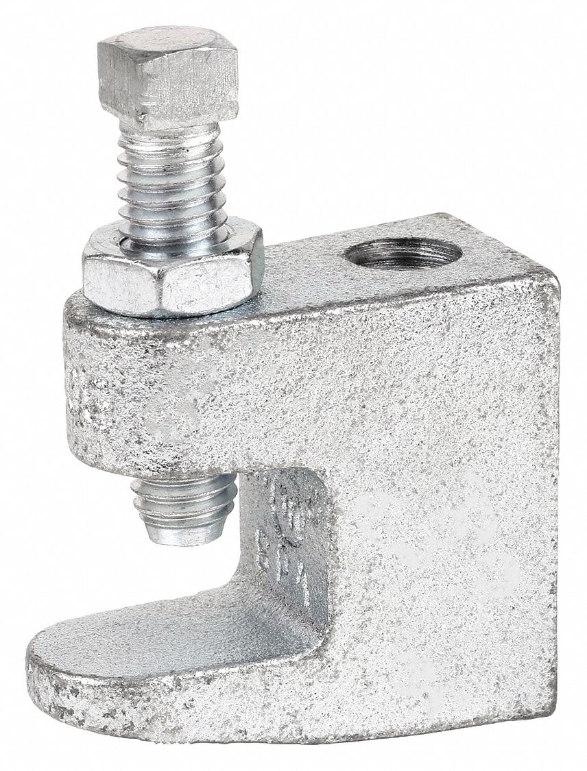 BEAM CLAMP: ELECTRO-GALVANIZED CAST IRON, 500 LB LOAD CAPACITY, FOR ⅜ IN THREADED ROD