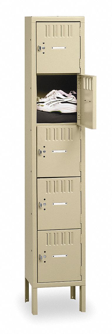 Box Locker: 12 in x 15 in x 66 in, 5 Tiers, 1 Units Wide, Louvered, Padlock Hasp, Tan, Tan