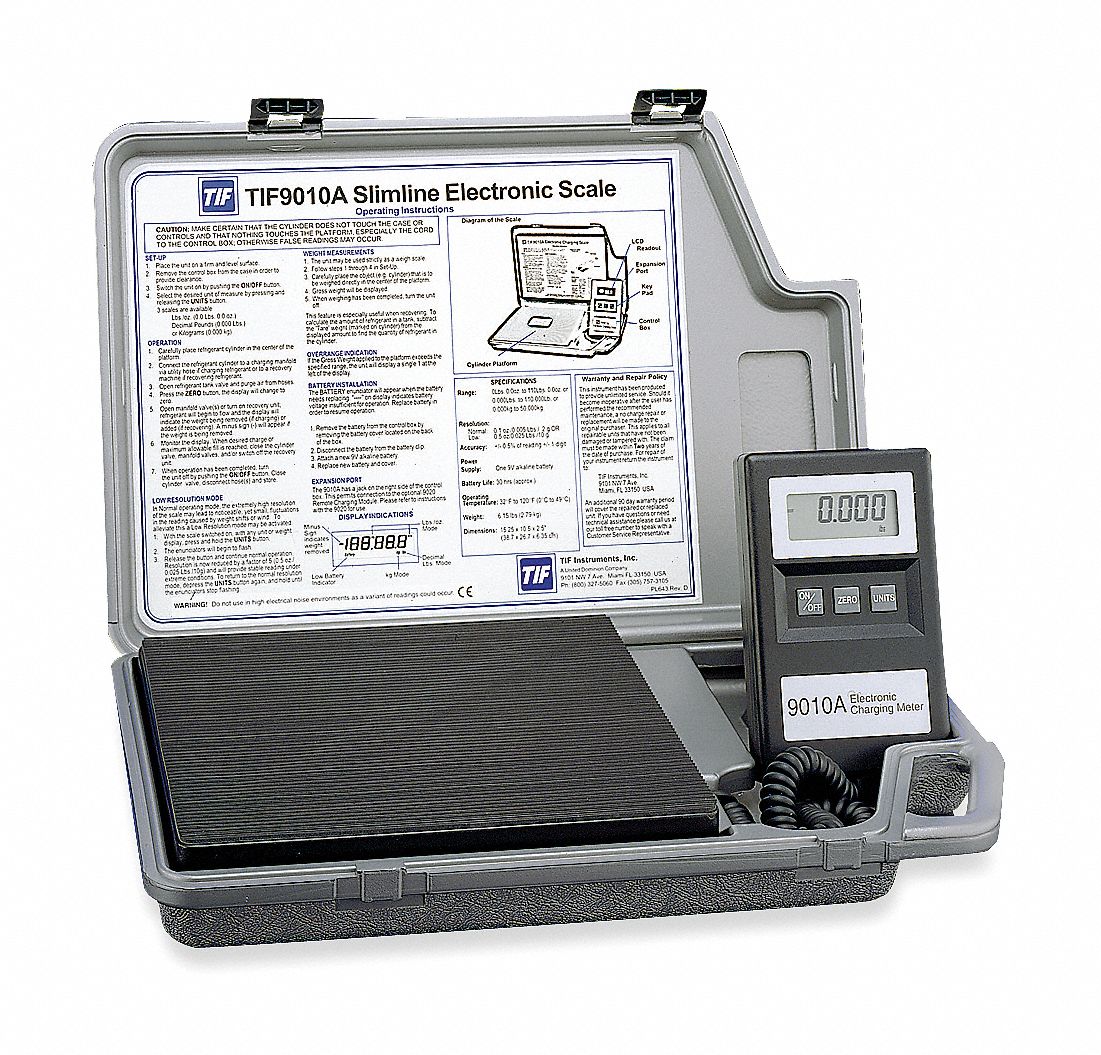 REFRIGERANT RECOVERY SCALE, ELECTRONIC, 120 LBS, 9V DC BATTERY, 30 HRS, 32 °  TO 120 °  F