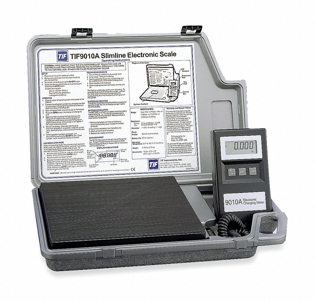 REFRIGERANT SCALE, ELECTRONIC, 110 LBS, 9V BATTERY, 30 HOURS, 0.1 OZ RESOLUTION