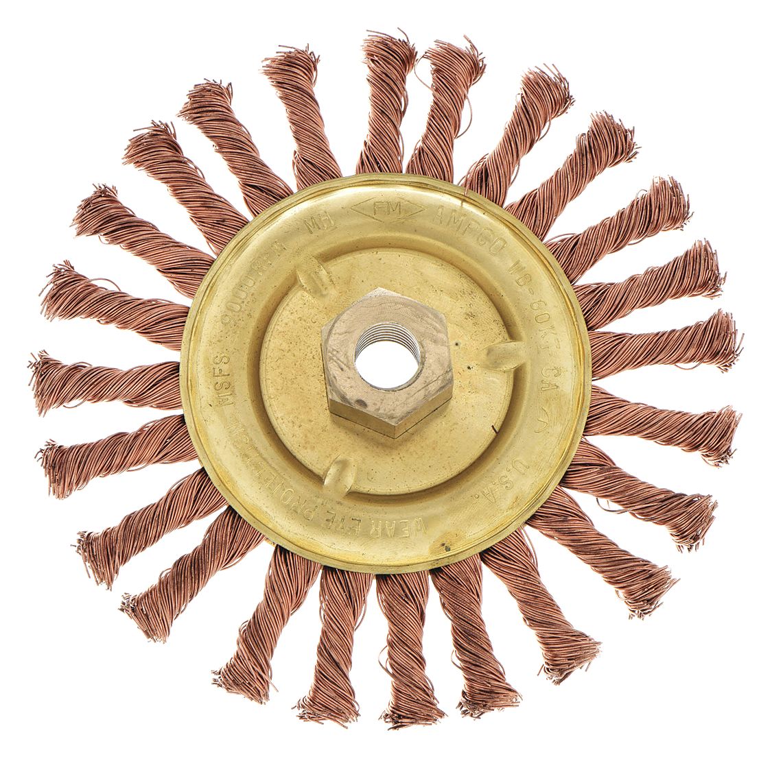 Wire Wheel Brush: Twisted Bronze, 4" Dia x 3/8" Wd, 5/8"-11 Arbor, 0.02" Fill
