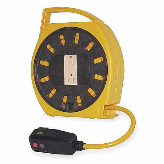 Extension Cord Reel,  Hand Operated,  120V AC,  Dual Receptacle On Reel,  20 ft,  Yellow Reel Color