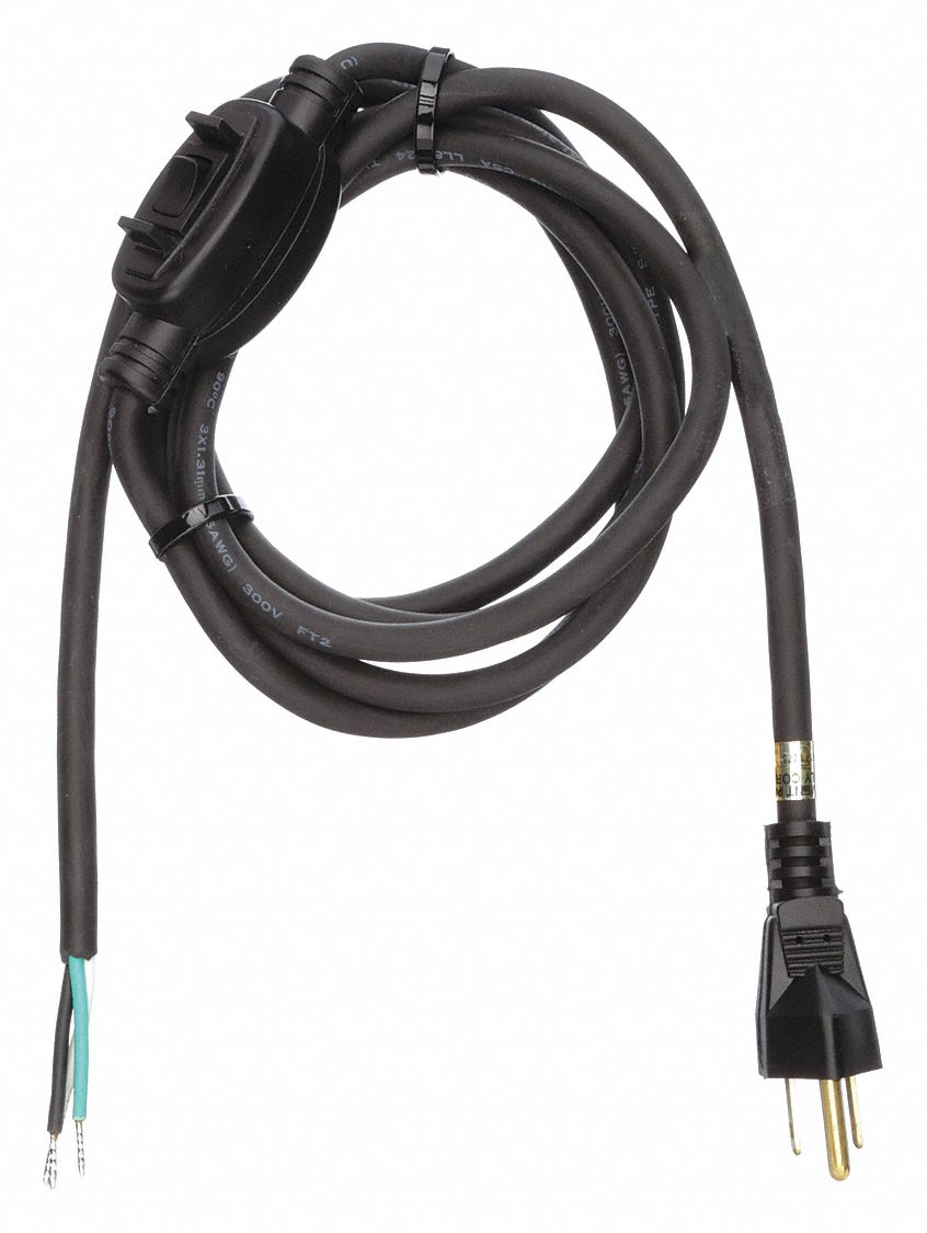 POWER CORD, 16 AWG WIRE SIZE, 8 FT CORD, BARE LEADS, 10 A MAX, RUBBER, SJO, NEMA 5-15P