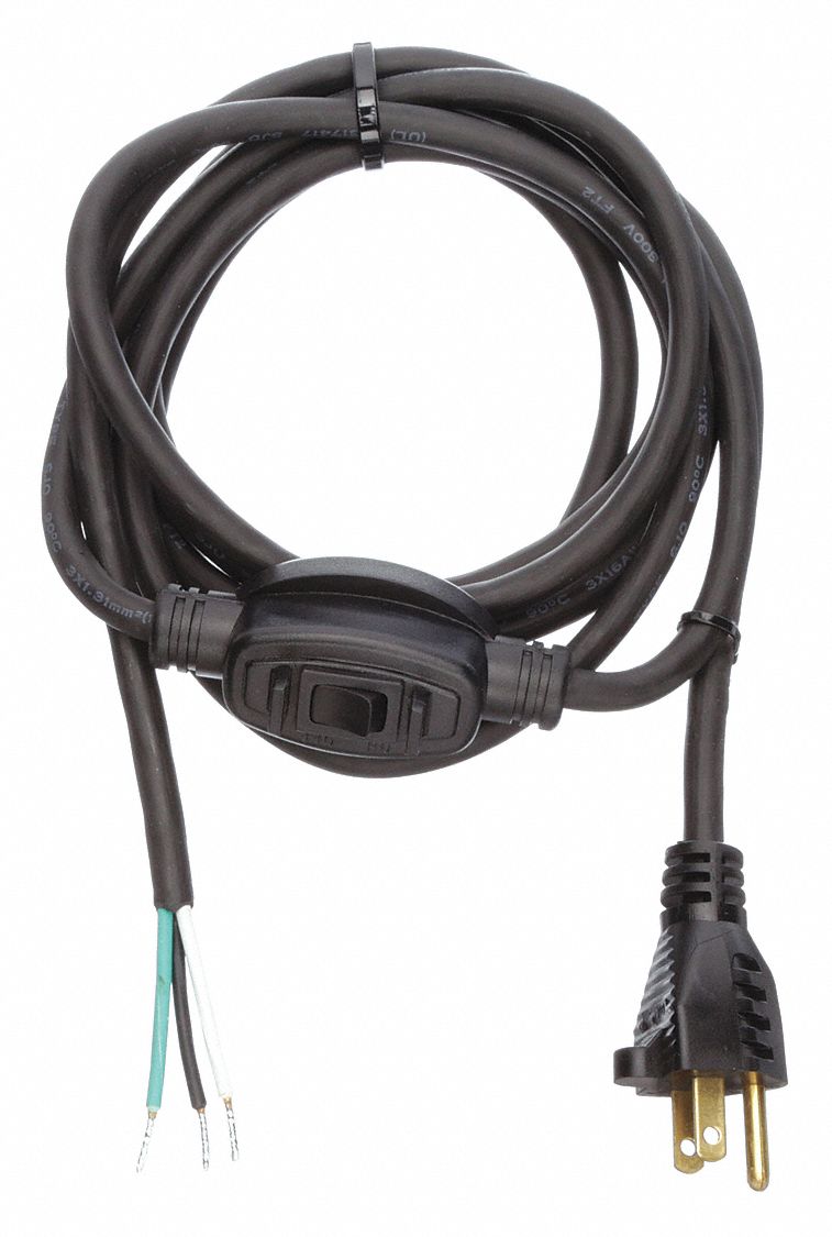 POWER CORD, 14 AWG WIRE SIZE, 8 FT CORD, BARE LEADS, 10 A MAX, RUBBER, SJO, NEMA 5-15P