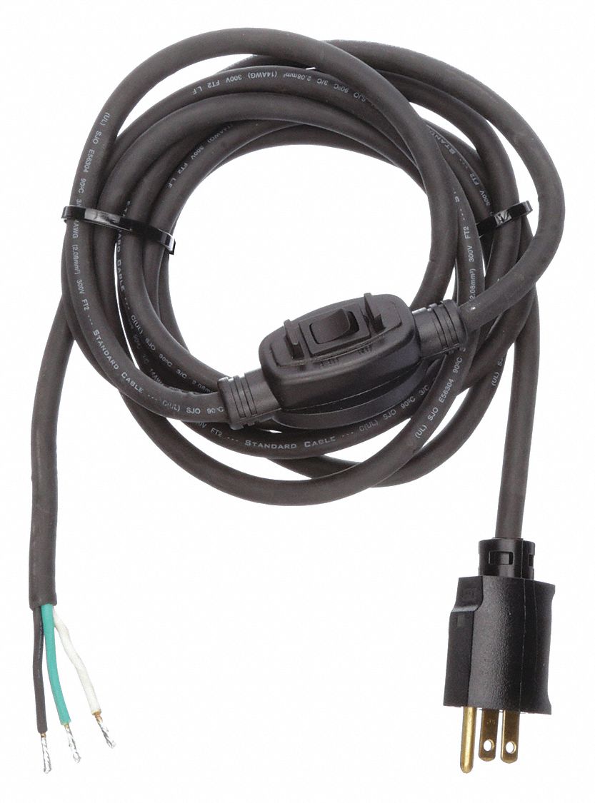 POWER CORD, 14 AWG WIRE SIZE, 12 FT, BARE LEADS, 10 A MAX, RUBBER, SJO, NEMA 5-15P