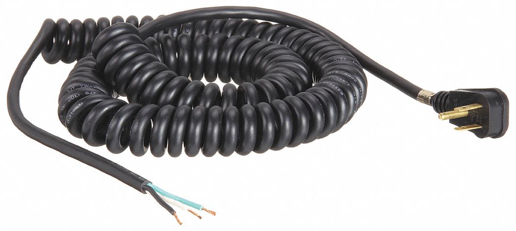 COILED POWER CORD, 16 AWG WIRE SIZE, 20 FT, BARE LEADS, 13 A MAX, PVC, SJT, NEMA 5-15P