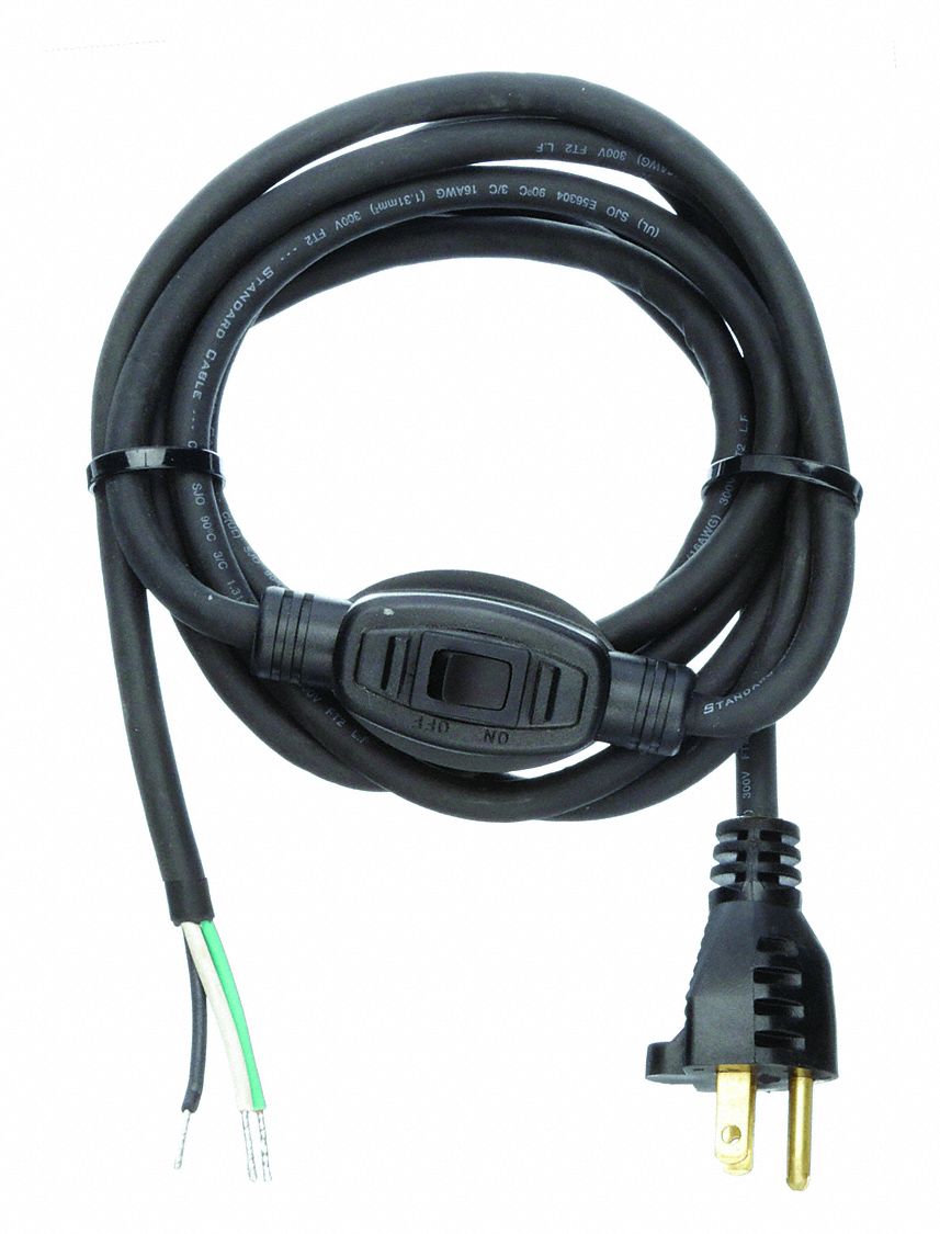 Power Cord: 10 ft Lg, NEMA 5-15P Plug, Port Bare Leads, SJO, 10 A Max. Amps, 125V AC
