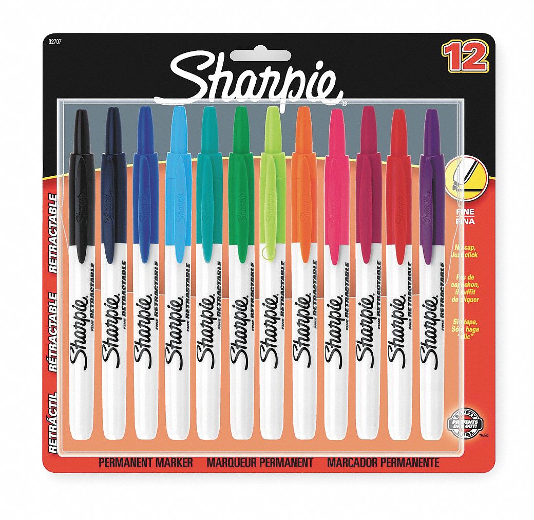 Permanent Marker Set: Assorted, Retractable, Fine, Single Tips, Std, 12 PK