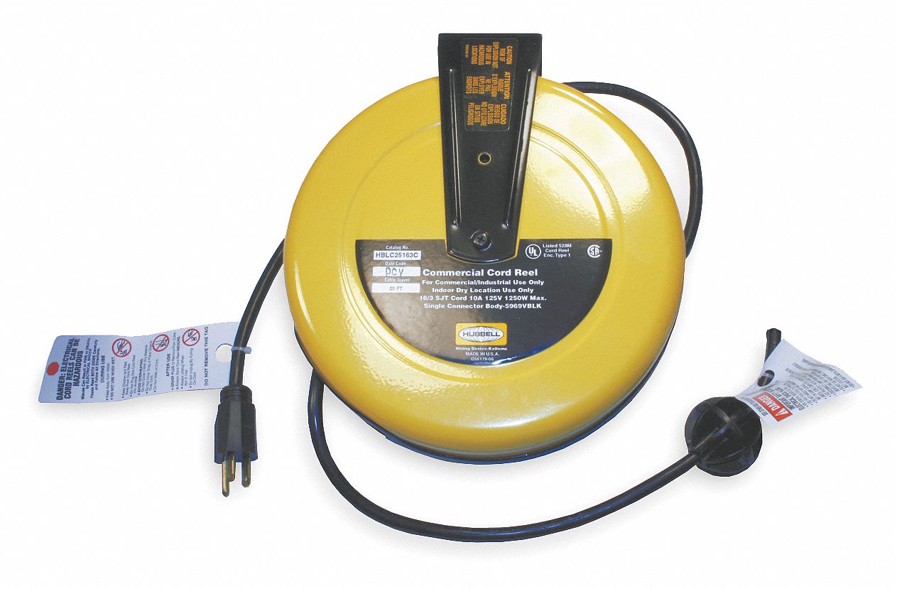 HUBBELL WIRING DEVICE-KELLEMS COMMERCIAL CORD REEL, STEEL, 0 OUTLETS, 10 A,  125V AC, 40 TO 110 ° F, 25 FT LENGTH - Self-Retracting Cord Reels -  HBLHBLC25163