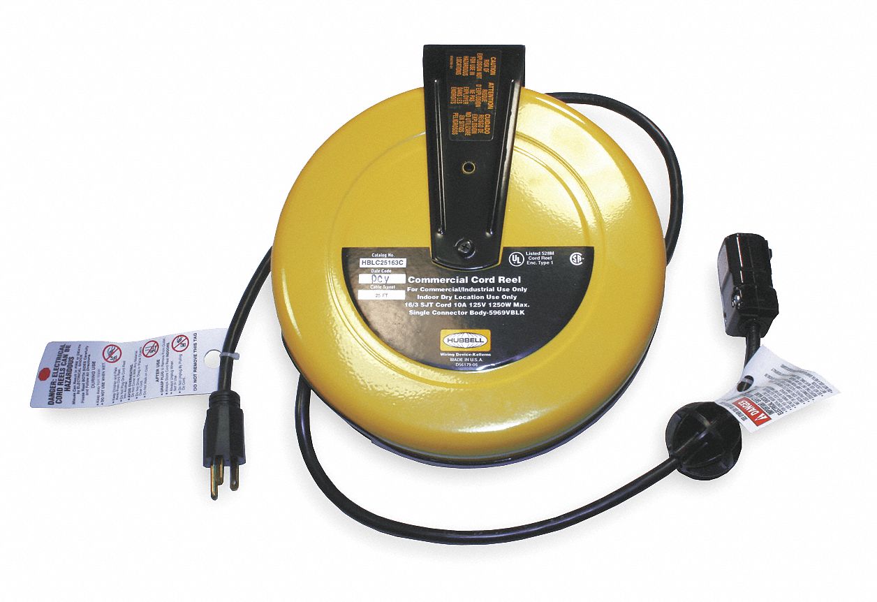 HUBBELL WIRING DEVICE KELLEMS Yellow Retractable Cord Reel, 10 Max. Amps, Cord Ending: Single Connector, 25 ft. Cord Length   Extension Cord Reels   1TRC5|HBLC25163C