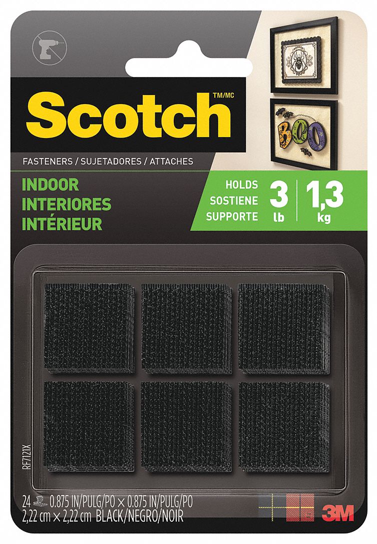 SCOTCH Reclosable Fastener Squares: Acrylic Adhesive, 7/8 in, 7/8 in Wd,  Black, 24 PK