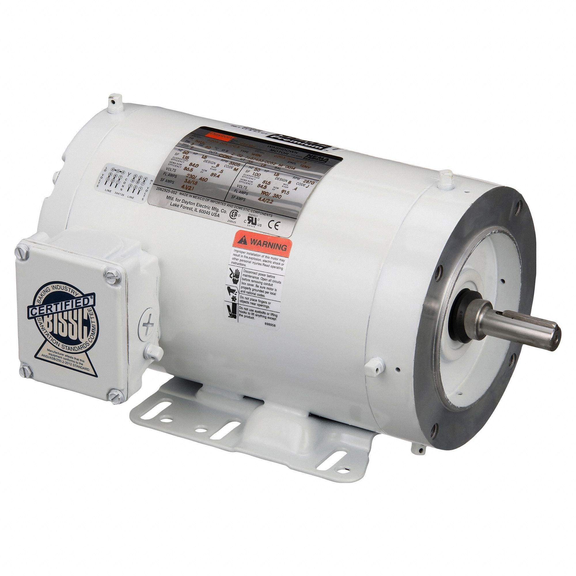 Washdown Motor: Three-Phase, 1 1/2 hp Horsepower, 3, 505 RPM RPM, 230/460V AC, 56HC Frame Size