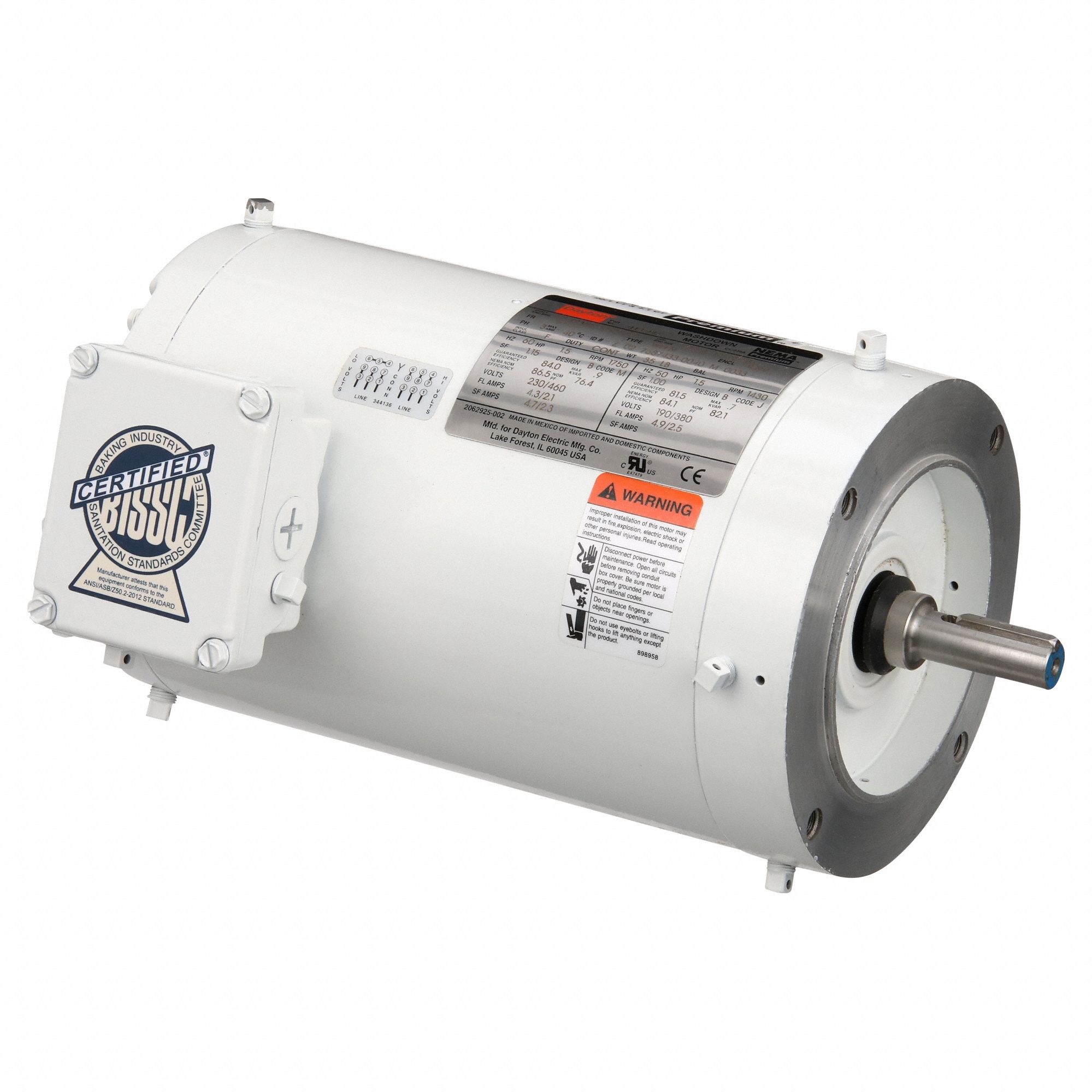 Washdown Motor: Three-Phase, 1 1/2 hp Horsepower, 1, 750 RPM RPM, 230/460V AC, 56C Frame Size