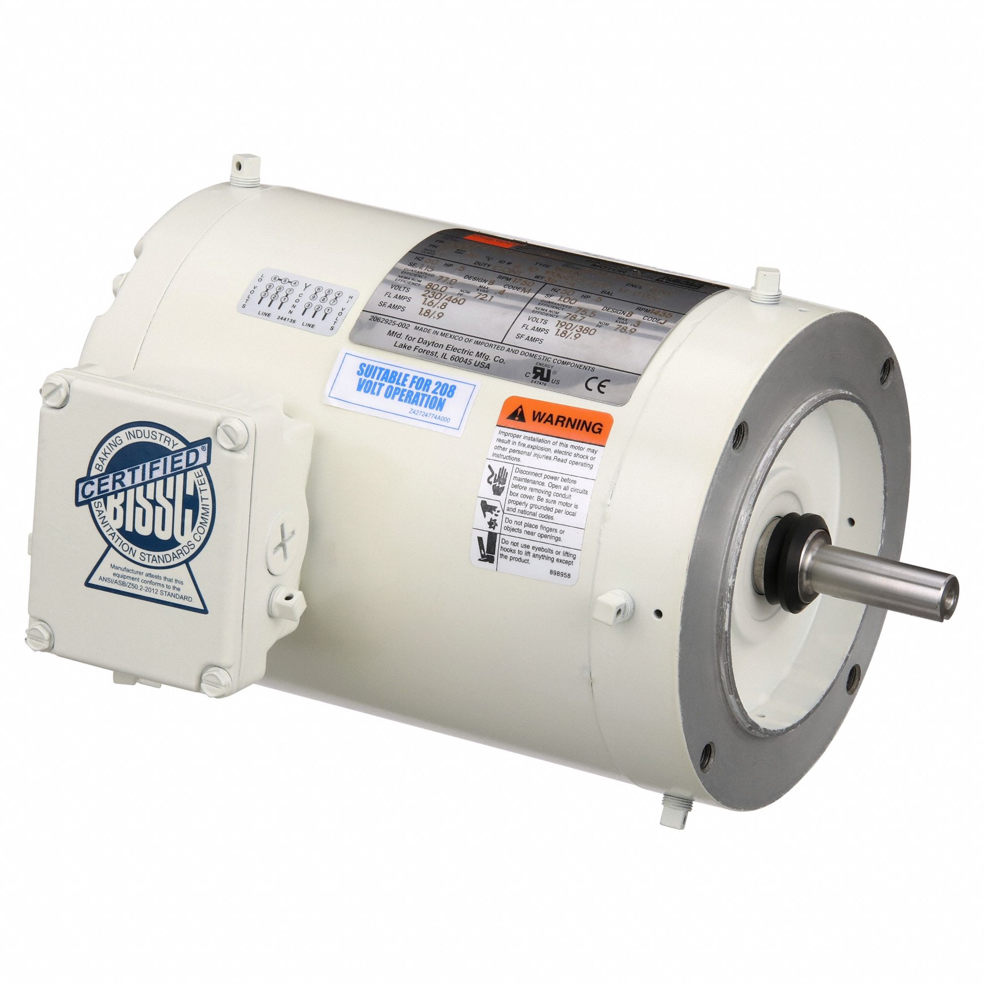 Washdown Motor: Three-Phase, 1/2 hp Horsepower, 1, 750 RPM RPM, 230/460V AC, 56C Frame Size