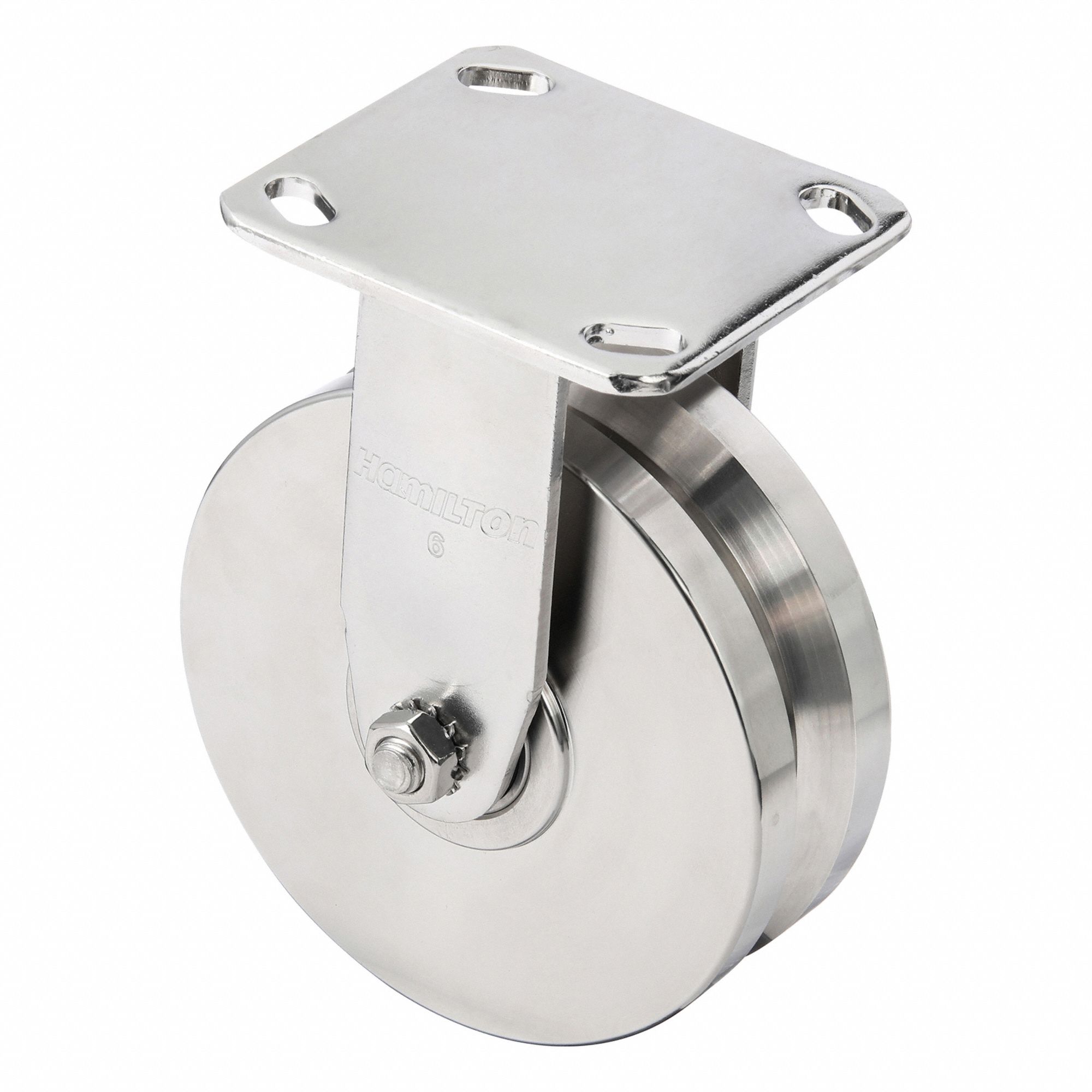 Plate Caster: Rigid, Stainless Steel, 6 in Wheel Dia, 2 in Wheel Wd, 7 1/2 in Mounting Ht