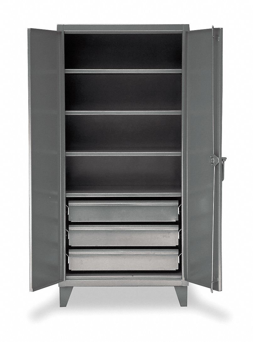 Storage Cabinet: 36 in x 24 in x 78 in, Swing  Handle & Padlock Hasp, 12 ga Panel Thick