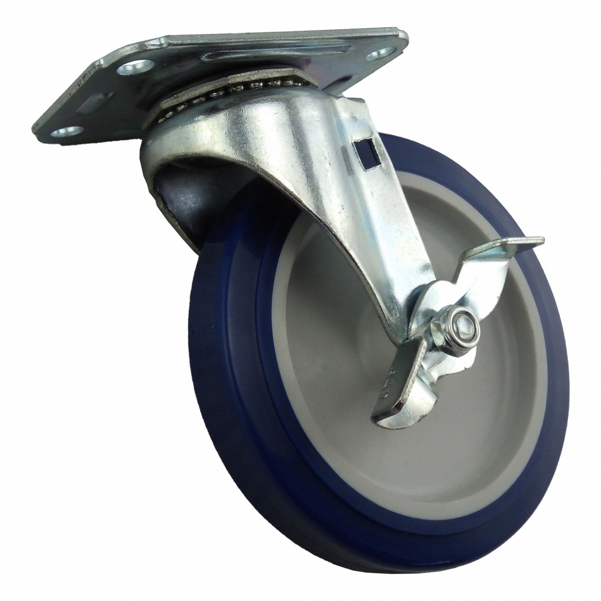 Plate Caster: Swivel, Side Brake, Polyurethane, 5 in Wheel Dia, 1 in Wheel Wd, Plain