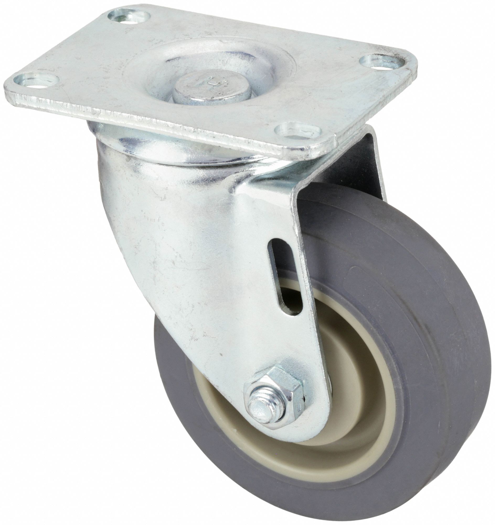 Plate Caster: Debris-Resistant, Swivel, Rubber, 6 in Wheel Dia, 1 1/4 in Wheel Wd