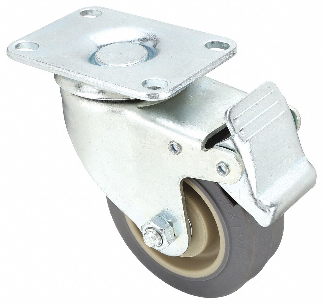 Plate Caster: Swivel, Total Lock, Rubber, 3 1/2 in Wheel Dia, 1 1/4 in Wheel Wd