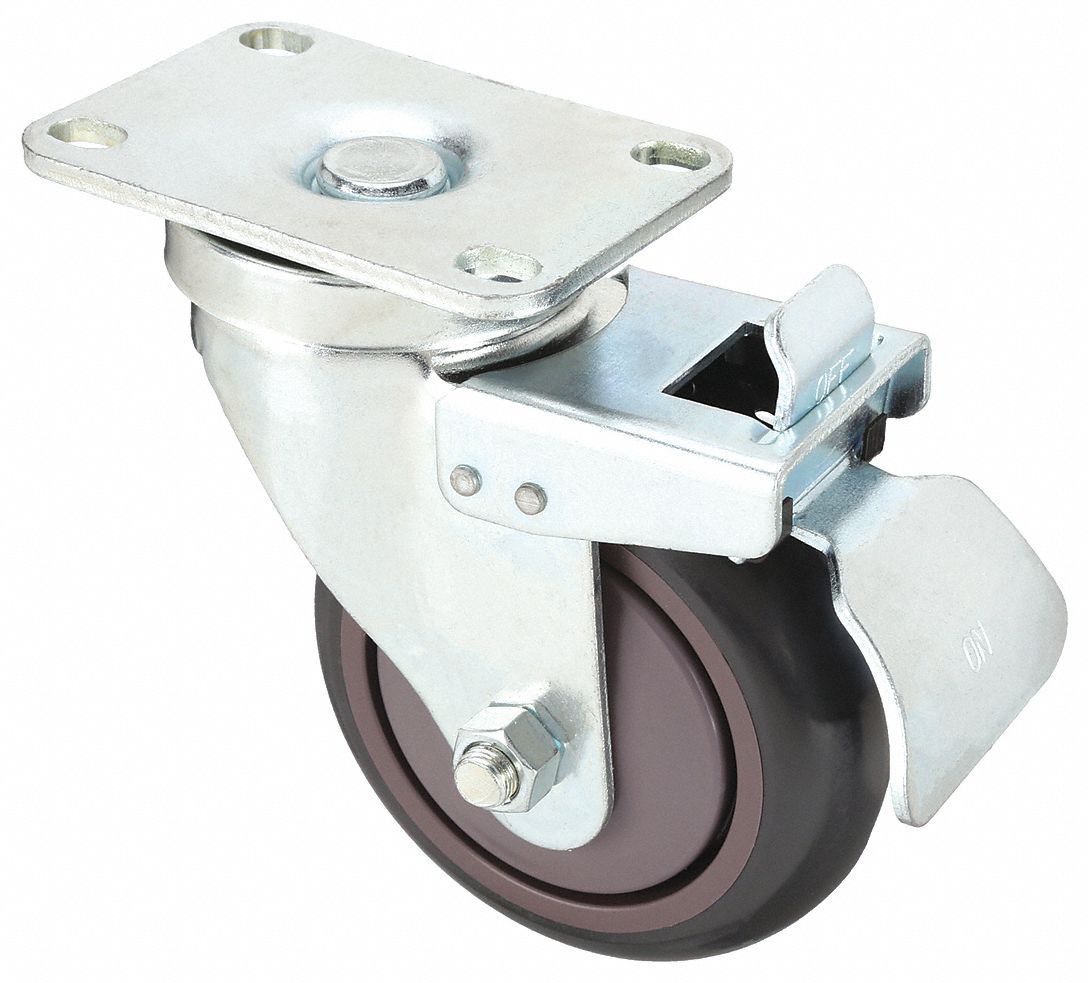 STANDARD PLATE CASTER, 4 IN WHEEL DIA, 350 LB, 5 3/16 IN MOUNTING H, POLYURETHANE