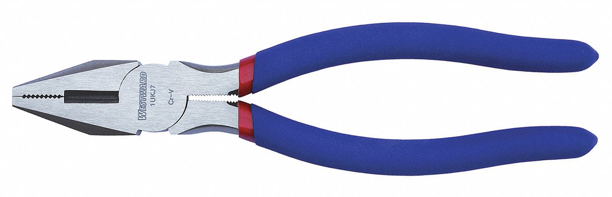 Linemans Plier: Flat, 8 1/2 in Overall Lg, 1 1/4 in Jaw Lg, 1 in Jaw Wd, 1  1/4 in Jaw Thick