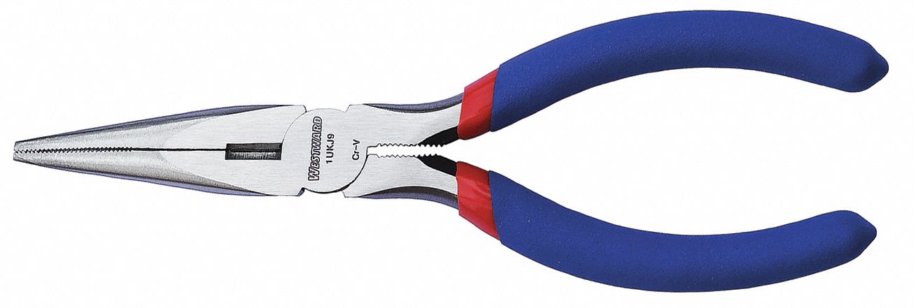 LONG NOSE PLIER, 2 IN MAX JAW OPENING, 6 IN OVERALL L, 2 IN JAW L, ⅛ IN TIP W, SERRATED