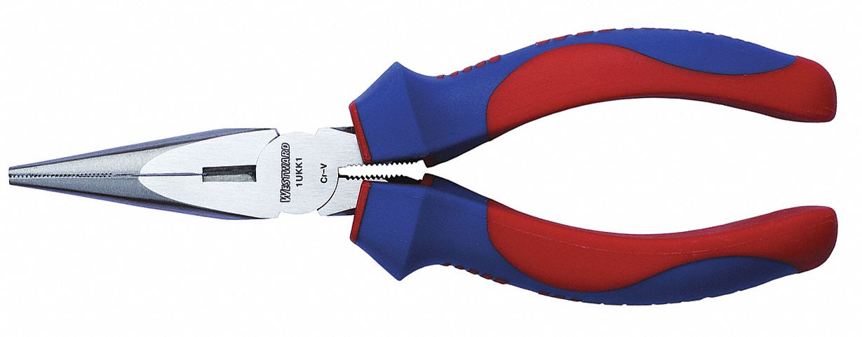 Needle Nose Plier: 2 in Max Jaw Opening, 6 3/8 in Overall Lg, 2 in Jaw Lg, 1/4 in Tip Wd, Serrated