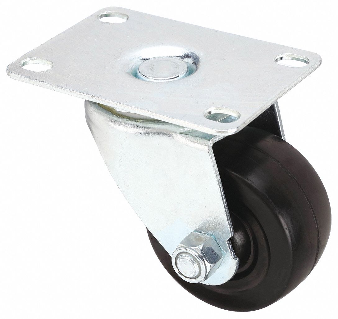 STANDARD PLATE CASTER, 2½ IN WHEEL DIAMETER, 175 LB, 3⅜ IN MOUNTING H, RUBBER