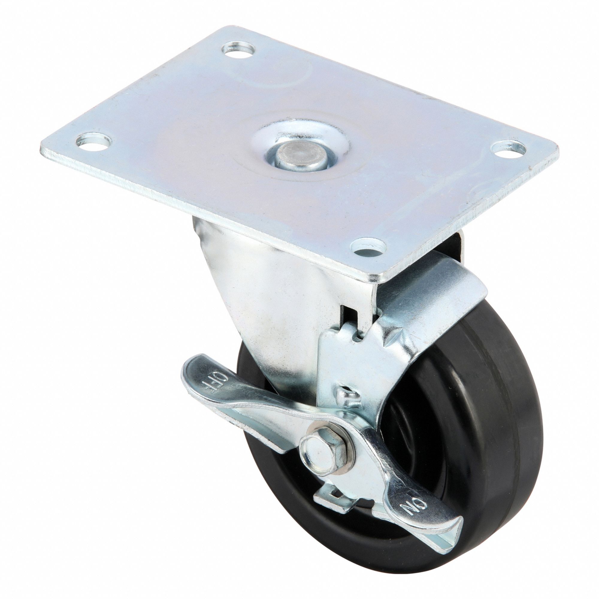 Plate Caster: Swivel, Side Brake, Phenolic, 4 in Wheel Dia, 1 1/2 in Wheel Wd, Brake