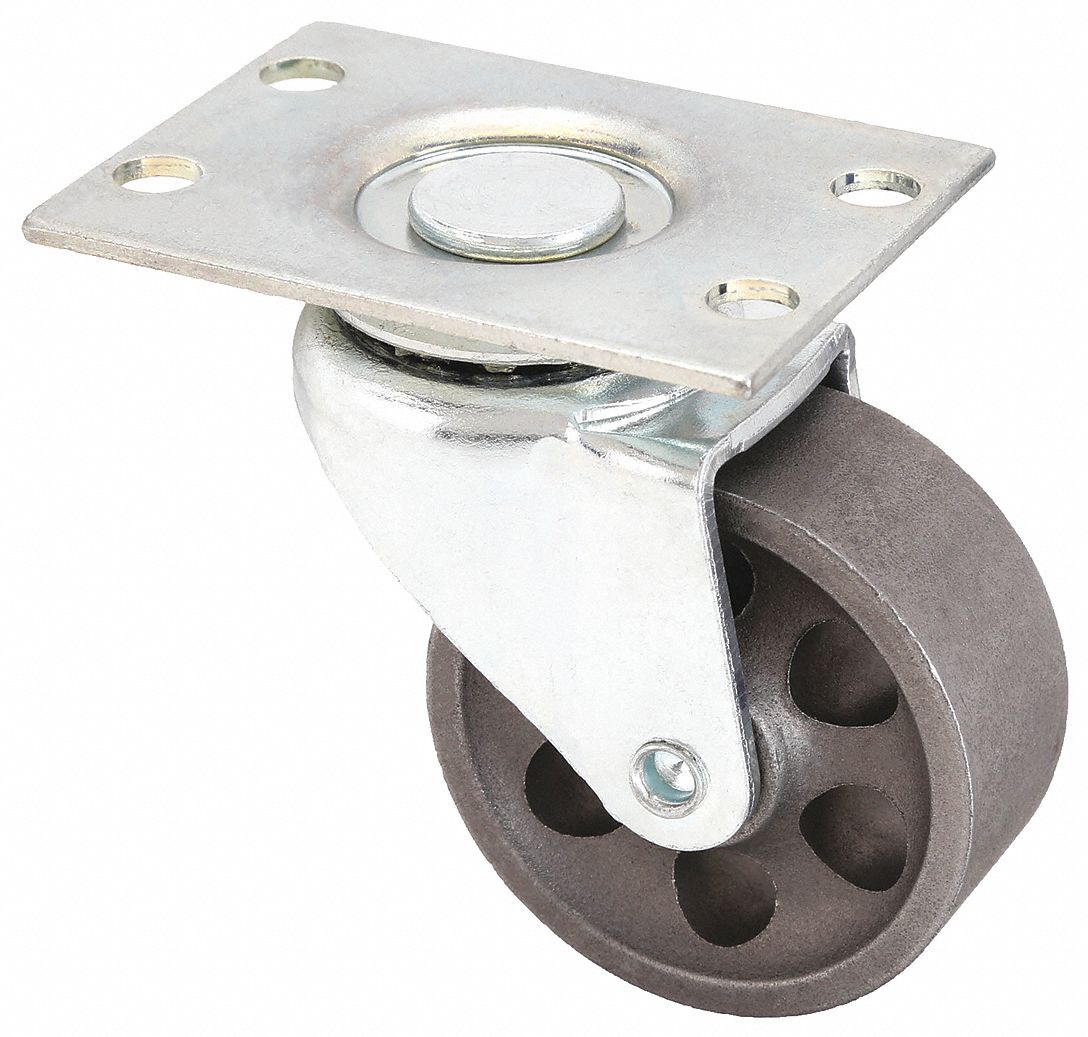 Plate Caster: Swivel, No Brake, Iron, 2 in Wheel Dia, 1 in Wheel Wd, Plain, Swivel