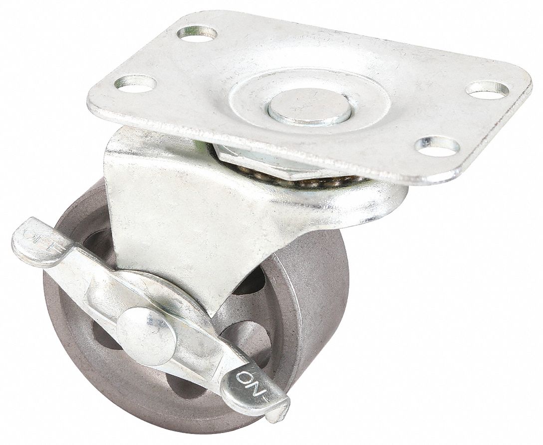 Plate Caster: Swivel, Side Brake, Iron, 2 in Wheel Dia, 1 in Wheel Wd, Plain, Brake