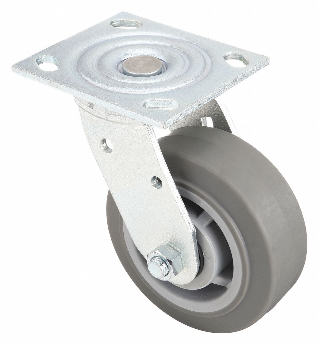 Plate Caster: Swivel, No Brake, Rubber, 4 in Wheel Dia, 2 in Wheel Wd, Roller