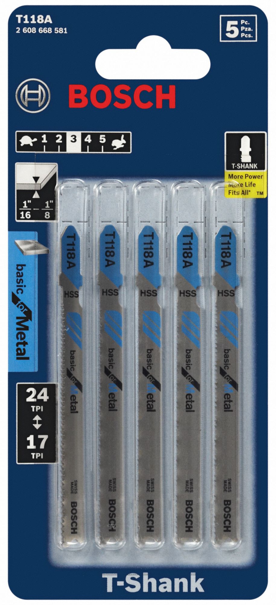 BOSCH Jig Saw Blade 17/24, 3 5/8 in Blade Lg, Metal, Rigid for Straight Cuts Cutting Edge, 5 PK