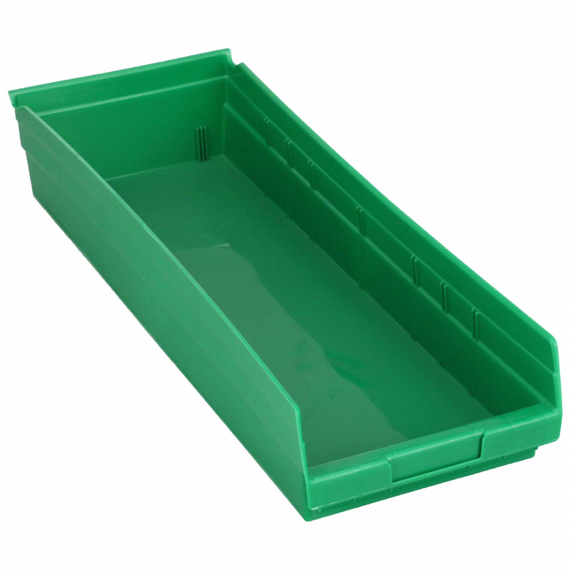 Shelf Bin: 23 5/8 in Overall Lg, 8 3/8 in x 4 in, Green, Nesting Capable, Not Hangable