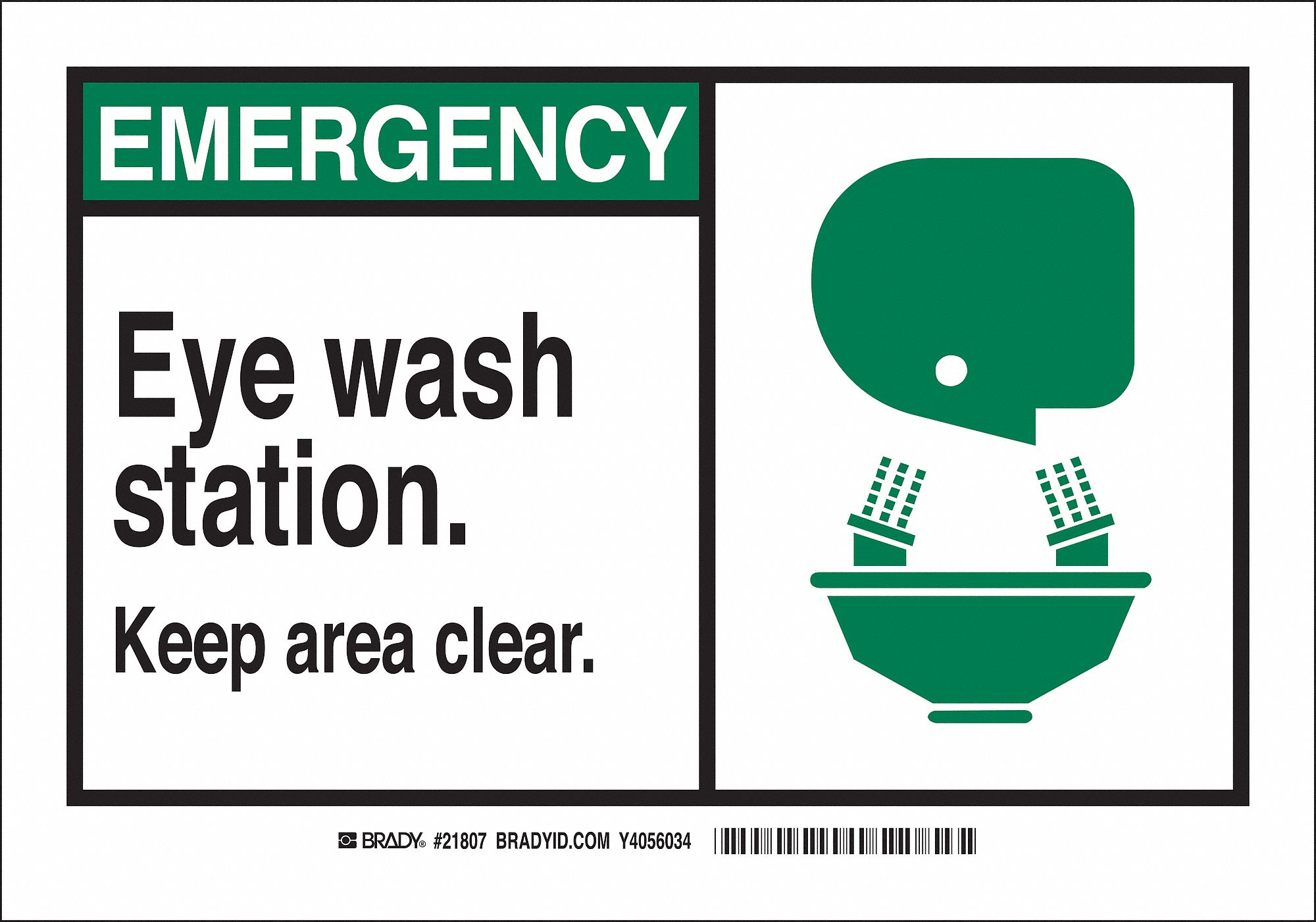 EYE WASH SIGN, PLASTIC, 14 IN WIDTH, 10 IN HEIGHT, GREEN/WHITE, WITH MOUNTING HOLES