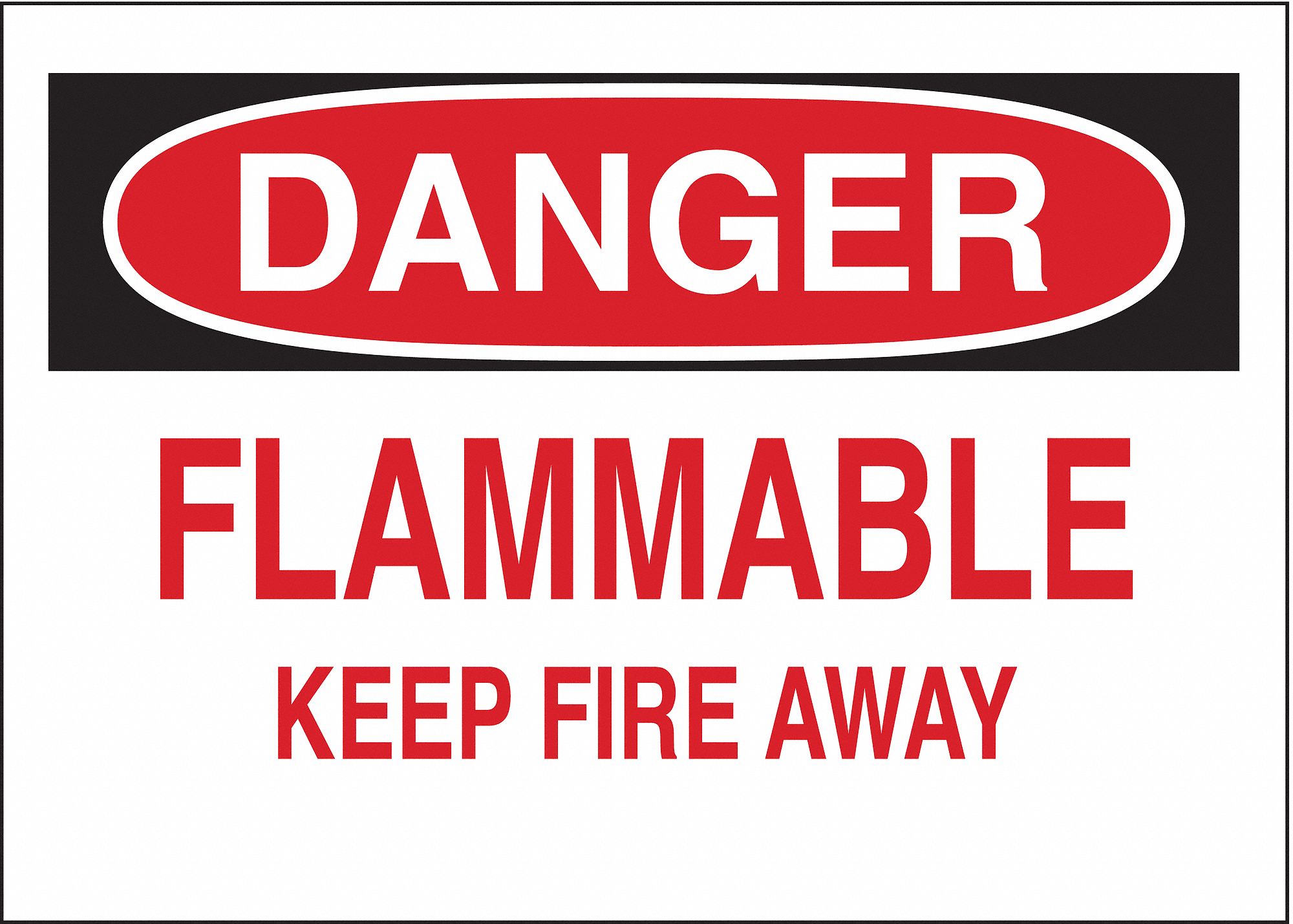DANGER SIGN, FIBREGLASS, FLAMMABLE KEEP FIRE AWAY, HEADER DANGER, RECTANGLE, 10 IN H, 14 IN W, MOUNTING HOLES, WHITE