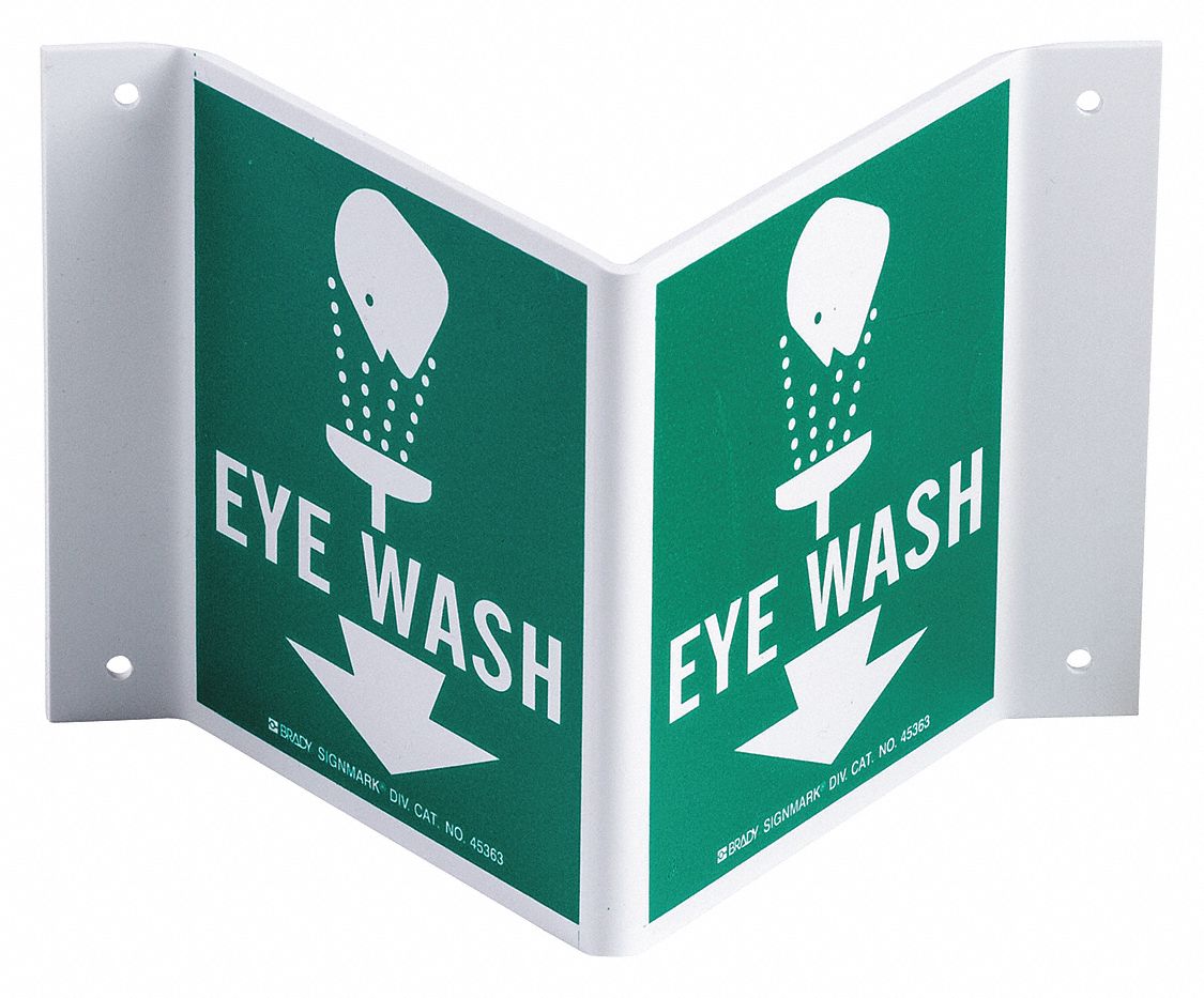 EYE WASH SIGN, PLASTIC, 10 IN WIDTH, 5½ IN HEIGHT, GREEN/WHITE, WITH MOUNTING HOLES, HIGH-VISIBILITY