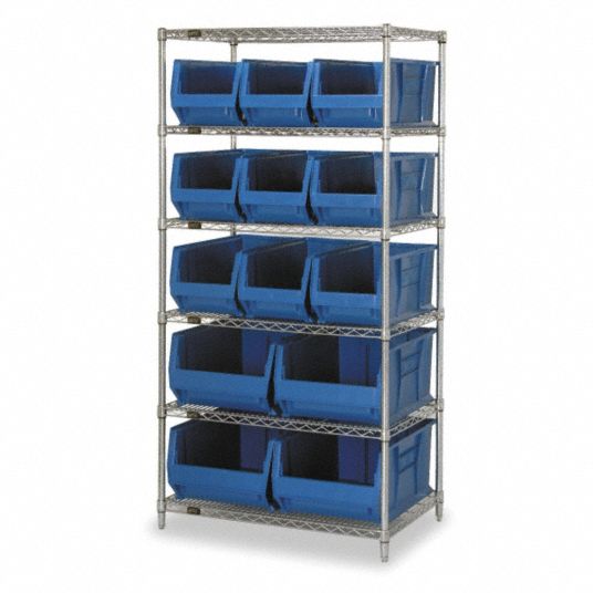 QUANTUM STORAGE SYSTEMS Bin Shelving: 36 in x 30 in x 74 in, 1 Sided, 13  Bins, Open, Blue, 6 Shelves