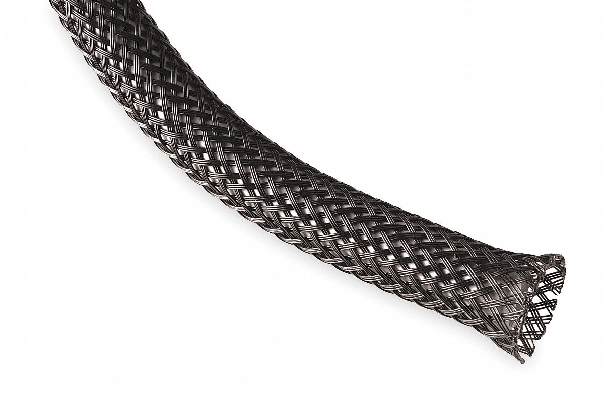 BRAIDED SLEEVING, ⅜ IN ID, EXPANDABLE, FOR 0.75 IN MAX BUNDLE, 10 FT L, PET, BLACK