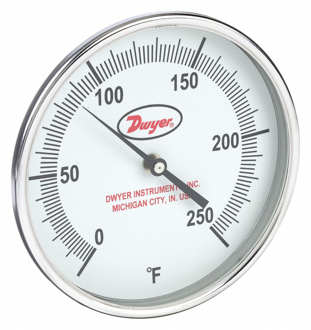 Glow-in-the-Dark Dial Thermometer: 0°F to 250°F, +/- 1% Accuracy, 5 in Dial Dia, Male
